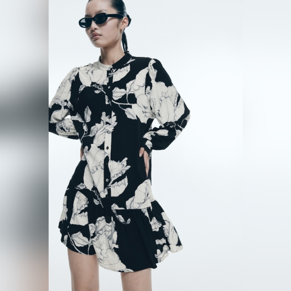 H&M NWT Floral Black and White Women's Dress Flare Button Boho Lagenlook XL